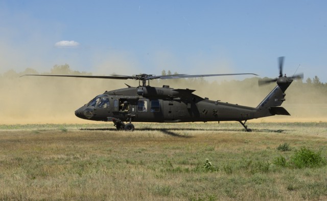 An Army UH-60 Black Hawk helicopter takes off from the Young Air Assault Strip on South Post on June 16, 2021, during the National Guard Patriot '21 exercise at Fort McCoy, Wis. Patriot ‘21 was a joint, interagency exercise sponsored by the...