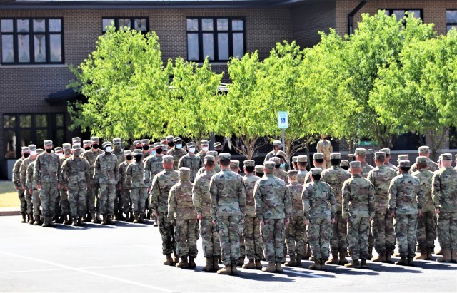 Students with Basic Leader Course 005-21 hold a formation during class operations June 15, 2021, at Fort McCoy, Wis. The NCO Academy was activated at Fort McCoy in 1988. The academy is one of the largest tenant organizations at the installation...