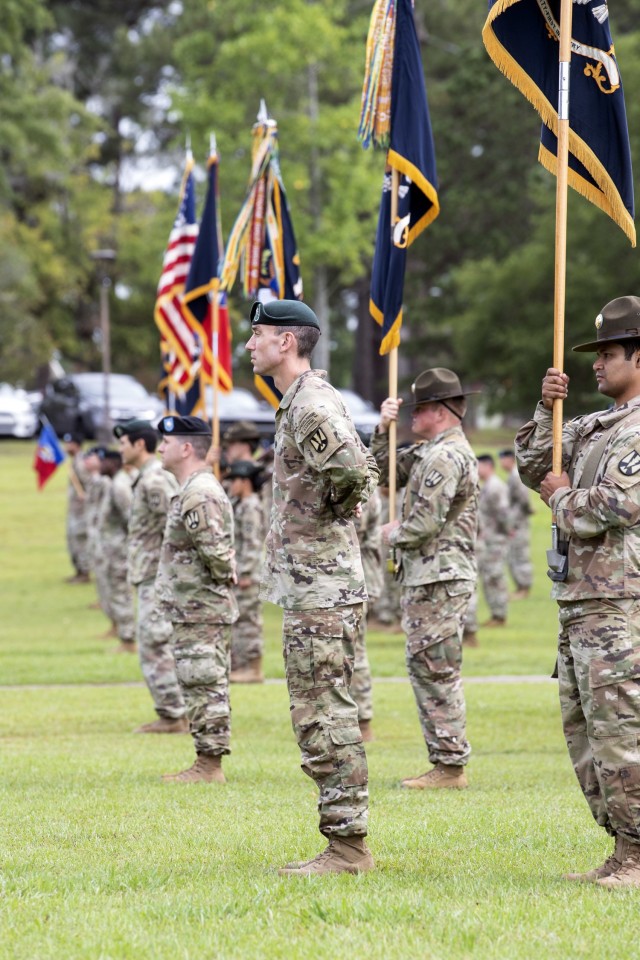 Lt. Col. Daniel Hayes, commander of 4th Battalion, 39th Infantry Regiment, stands along with other battalion commanders during the 165th Infantry Brigade change of command ceremony June 29 at Victory Field.