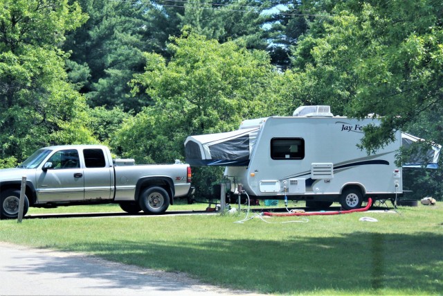 A camper is shown June 2, 2020, at Pine View Campground at Fort McCoy, Wis. Open year-round, Pine View Campground is part of Pine View Recreation Area. This area also includes Whitetail Ridge and Sportsman’s Range. The campground is nestled in a...