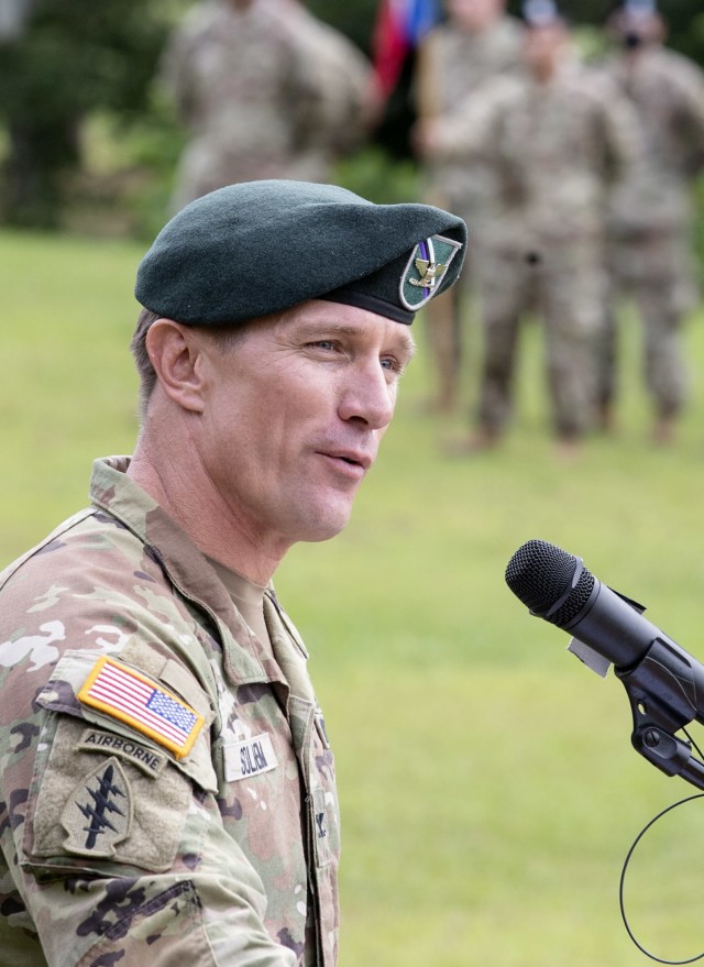 Col. Kent G. Solheim, 165th Infantry Brigade commander, speaks during a change of command ceremony June 28 where he assume command of the brigade.