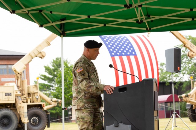 COL Brierton speaking to the attendees at the Change of Command & Change of Responsibility.