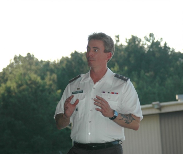 Chief Warrant Officer 3, William Bryant, Joint Readiness Training Center Operations Group and incoming commander of the Leesville Composite Squadron of the Civil Air Patrol, thanks the parents, cadets and volunteers at the change of command...