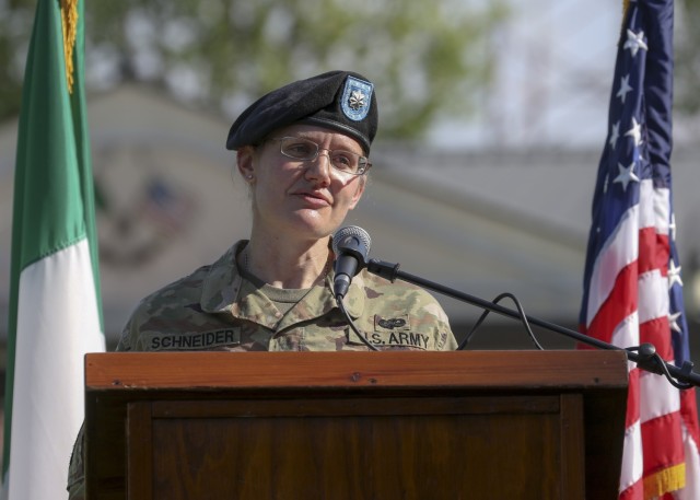 Vicenza, Italy – U.S. Army Lt. Col. Carla Schneider gives remarks to audiences during U.S. Army Health Clinic Vicenza’s change of command ceremony where U.S. Army Lt. Col. Joseph Matthews relinquished command of USAHC-V to Schneider at U.S. Army Garrison Italy, June 22.