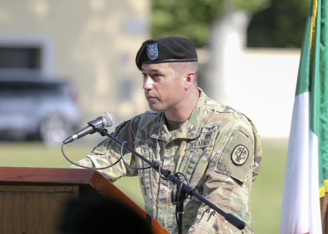 Vicenza, Italy – U.S. Army Lt. Col. Joseph Matthews gives remarks to audiences during U.S. Army Health Clinic Vicenza’s change of command ceremony where Matthews relinquished command of USAHC-V to U.S. Army Lt. Col. Carla Schneider at U.S. Army Garrison Italy, June 22.