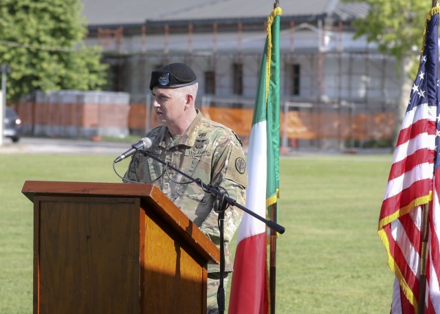 Vicenza, Italy – U.S. Army Col. Andrew Landers, commander, Landstuhl Regional Medical Center, gives remarks to audiences during U.S. Army Health Clinic Vicenza’s change of command ceremony where U.S. Army Lt. Col. Joseph Matthews relinquished...