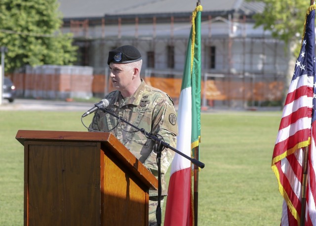 Vicenza, Italy – U.S. Army Col. Andrew Landers, commander, Landstuhl Regional Medical Center, gives remarks to audiences during U.S. Army Health Clinic Vicenza’s change of command ceremony where U.S. Army Lt. Col. Joseph Matthews relinquished command of USAHC-V to U.S. Army Lt. Col. Carla Schneider at U.S. Army Garrison Italy, June 22.