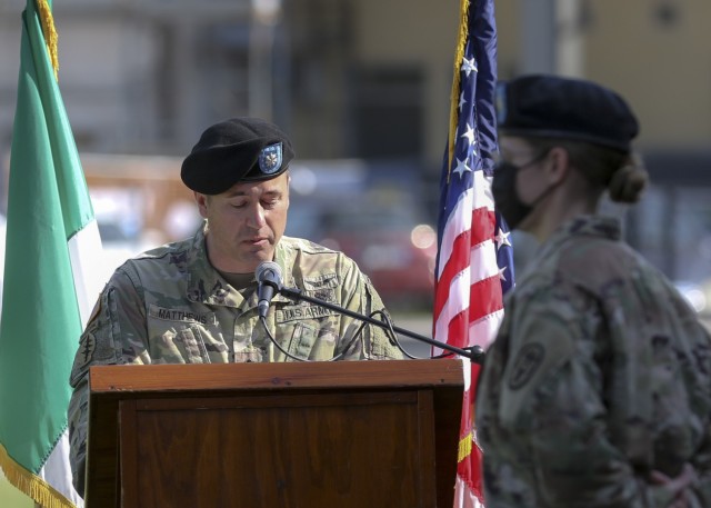 Vicenza, Italy – U.S. Army Lt. Col. Joseph Matthews gives remarks to audiences during U.S. Army Health Clinic Vicenza’s change of command ceremony where Matthews relinquished command of USAHC-V to U.S. Army Lt. Col. Carla Schneider at U.S. Army Garrison Italy, June 22.