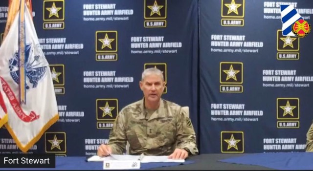 Fort Stewart-Hunter Army Airfield senior commander, Maj. Gen. Charles Costanza, addresses the audience during a Facebook live town hall, June 30 on Fort Stewart. The town hall served as an opportunity for him to introduce himself to the...