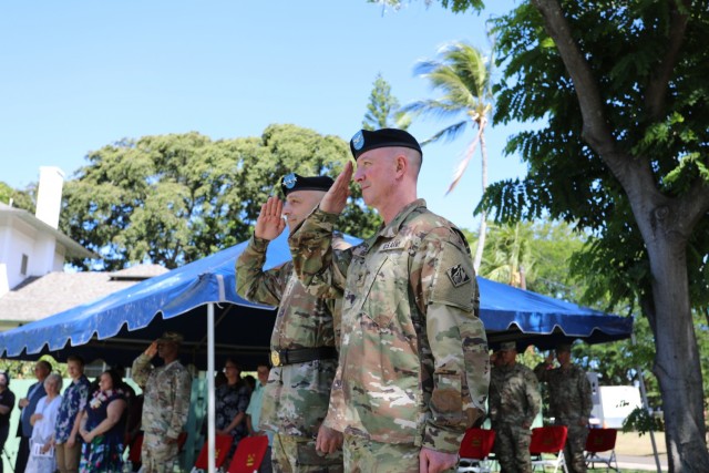 Brig. Gen. Gibbs and Lt. Gen. Spellmon salute the flag during the national anthem. Col. Kirk Gibbs, commander of the U.S. Army Corps of Engineers Pacific Ocean Division, was promoted to brigadier general during a promotion ceremony on July 7. Lt....