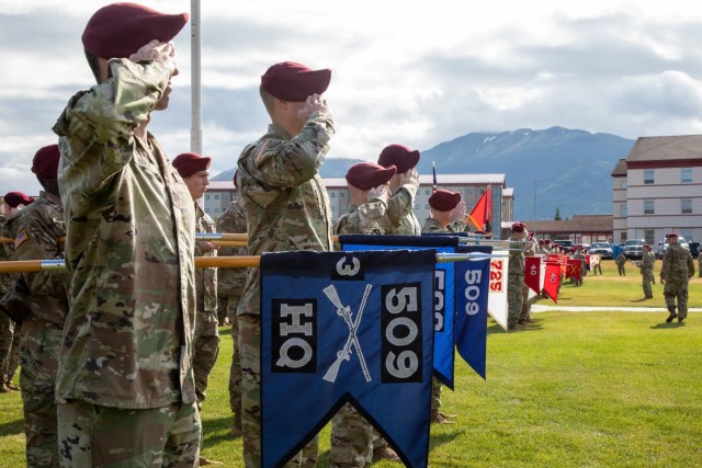 Paratroopers with 4th Infantry Brigade Combat Team (Airborne), 25th Infantry Division, US Army Alaska, present arms during a rehearsal for their brigade change-of-command ceremony July 7, 2021, at Joint Base Elmendorf-Richardson Alaska. Col. Michael “Jody” Shouse assumed command of the 4th IBCT (A), 25th ID, from Col. Chris Landers during the change-of-command ceremony. (U.S. Army photo by Staff Sgt. Alexander Skripnichuk)