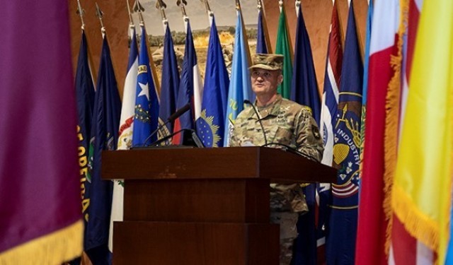 Col. Clint Murray speaks at his Relinquishment of Command Ceremony, July 8, 2021. Murray commanded WRAIR for roughly ten months, leaving early to accept promotion to brigadier general.