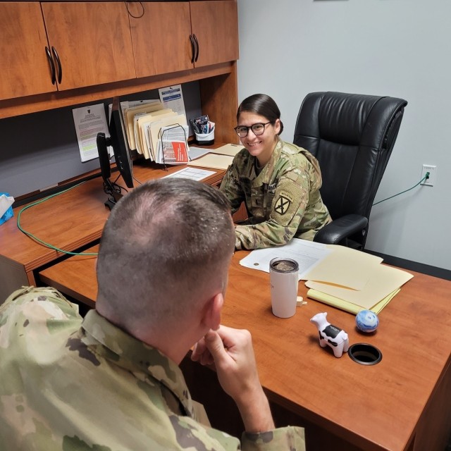 First Lt. Catherine Ricci, legal assistance attorney, advises a Soldier at the Legal Assistance Office inside Clark Hall. The Fort Drum Legal Assistance team earned an Army Chief of Staff Award for Excellence in Legal Assistance (Active Army Large Offices category) for fiscal year 2020, making this the third consecutive year being recognized for superior service in legal support to the community. (Photo by Mike Strasser, Fort Drum Garrison Public Affairs)