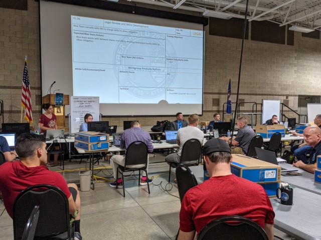 Cyber defense professionals with the ADVON (Advanced Echelon) team for Cyber Shield 21 hold preliminary meeting in the 640th Regiment, Regional Training Institute at Camp Williams, UT, on July 8, 2021. Cyber Shield 21 brings together more than 750...