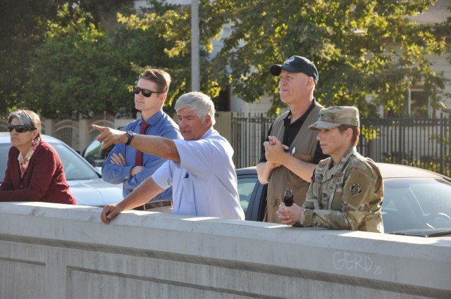 Santa Barbara County Flood Control District Director Tom Fayram points out a section of Lower Mission Creek to Col. Julie Balten, commander, U.S. Army Corps of Engineers Los Angeles District, June 28, 2021, in Santa Barbara, California.