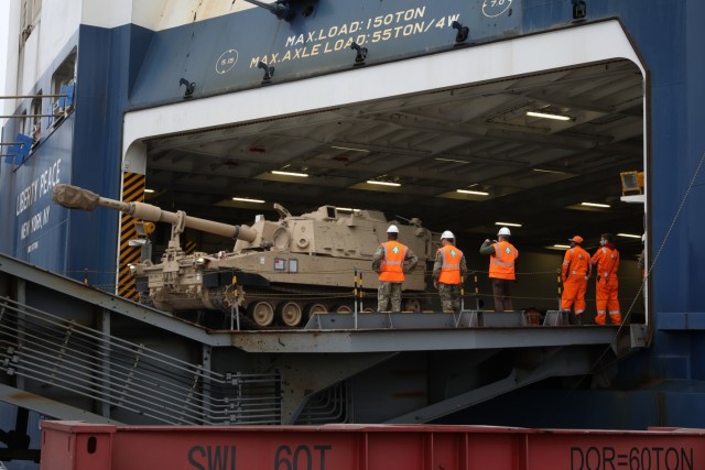 Logisticians and transporters from the 598th Transportation Brigade, Surface Deployment and Distribution Command and the 21st Theater Sustainment Command began offloading more than 1000 equipment items at the port in Gdansk, Poland, July 8, 2021. The equipment belongs to 1st Armored Brigade Combat Team, 1st Infantry Division who are deploying from Fort Riley, Kansas, during July 2021 in support of Atlantic Resolve. (U.S. Army photo by Spc. Katelyn Myers)