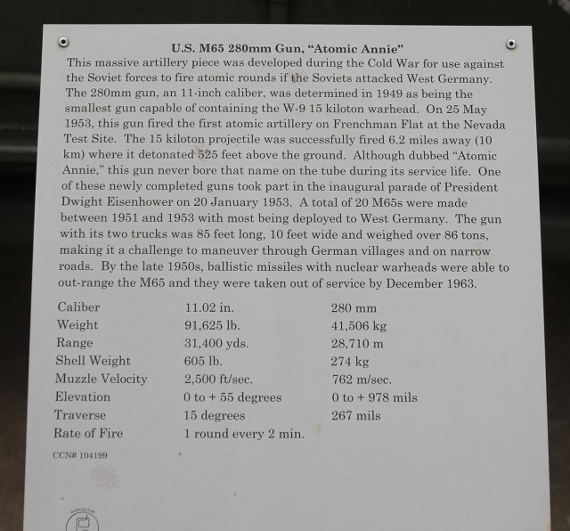 The specifications of the M65 280mm Gun at Artillery Park on Fort Sill, Oklahoma. 