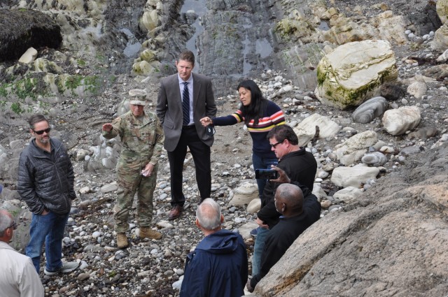 Project manager Susie Ming points out features of a completed bluff reinforcement project to U.S. Army Corps of Engineers Los Angeles District commander Col. Julie Balten, Deputy District Engineer David Van Dorpe and Pismo Beach city officials,...