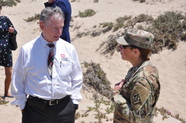 U.S. Army Corps of Engineers Los Angeles District Supervisory Civil Engineer Steve Dwyer and commander Col. Julie Balten discuss projects, June 29, 2021, at Ventura Beach, California. Ventura Harbor District is partnered with the Corps to maintain...