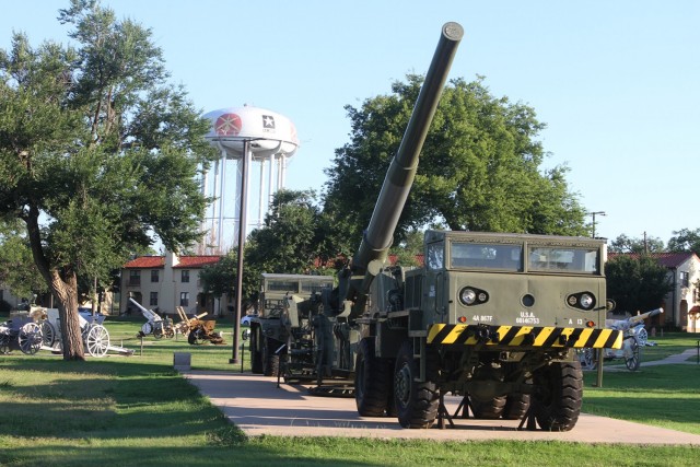 An M65 280mm Gun with its front of aft trucks sits on display at Artillery Park on Fort Sill, Oklahoma. The massive gun was designed to fire 15 kiloton nuclear warheads but was soon replaced by ballistic missiles.