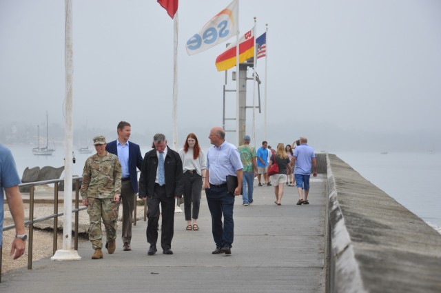 From left, commander Col. Julie Balten, Deputy Engineer David Van Dorpe and Supervisory Civil Engineer Steve Dwyer, U.S. Army Corps of Engineers Los Angeles District, and city waterfront facilities manager Brian Adair, discuss Corps' harbor...