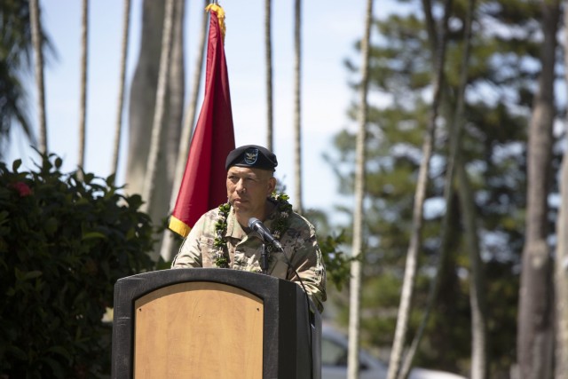 402nd Army Field Support Brigade's outgoing commander, Col. Anthony T. Walters thanks his family and the Army family for his time as the 402nd's commander during the brigade's change of command ceremony on July 9, 2021.