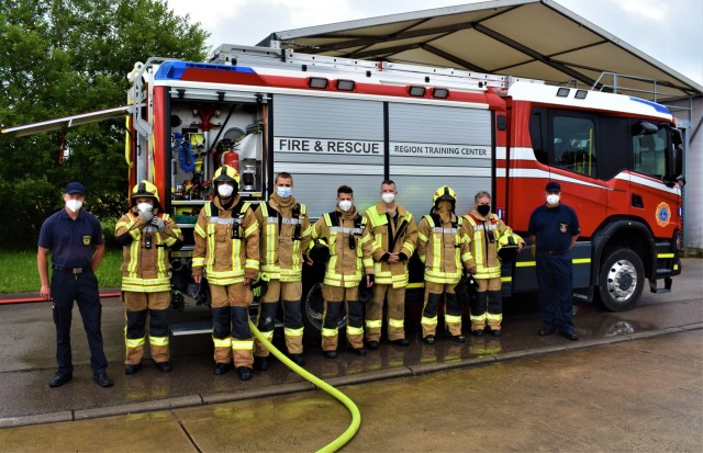 Master Sgt. Chris Wysong, a U.S. volunteer fire chief from a small town in Ohio, took the opportunity to train with his German counter parts at the IMCOM-E Fire Fighting Training Center while deployed with his National Guard unit to Ansbach, Germany, July 8, 2021.