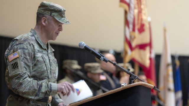 Maj. Gen. Sean Bernabe, the 1st Armored Division and Fort Bliss commanding general, speaks at the U.S. Army Garrison Fort Bliss change of command ceremony at the Centennial Banquet and Conference Center at Fort Bliss, Texas, July 8, 2021. “Here’s what people say about Jim Brady,” Bernabe said of Col. James Brady, the incoming garrison commander. “He’s a hard worker, so we’re going from one hard worker to another, and that’s good as there is much to be done. Folks also tell me he’s a fast learner, and there’s a lot to learn here–I'm still learning Jim. You have such a great team here with this garrison to help you pick up on things as quickly as you possibly can.”