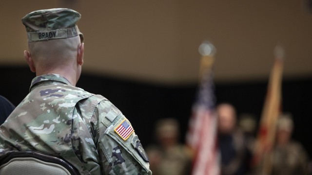 Col. James Brady, the incoming U.S. Army Garrison Fort Bliss commander, listens to speakers at the garrison’s change of command ceremony at Fort Bliss, Texas, July 8, 2021.
