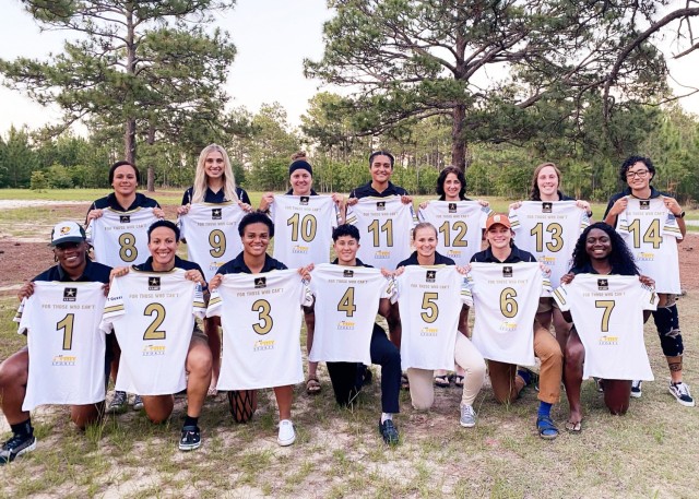 1st Lt. Zyekeela Crittington, holding the No. 7 jersey, is a platoon leader with the 509th Clearance Company as well as a member of the All-Army Women’s Rugby team. On June 26, the team won the 2021 Armed Forces Women’s Rugby Championships in Wilmington, North Carolina, outscoring their Navy, Marine, Air Force and Coast Guard opponents a combined 81 to 5 on their way to winning their second-straight championship.