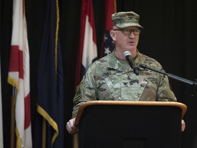 Col. Stu James, the former U.S. Army Garrison Fort Bliss commander, addresses the audience at the garrison’s change of command ceremony at Fort Bliss, Texas, July 8, 2021. “Shortly after taking command, I gathered all of the directors together...