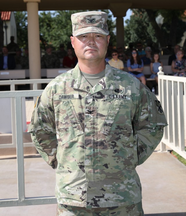 Col. John L. Dawber, outgoing brigade commander, 11th Air Defense Artillery Brigade, 32d Army Air and Missile Defense Command, relinquished command to Col. Timothy L. Woodruff, July 9, 2021, on Noel Parade Field, Fort Bliss, Texas