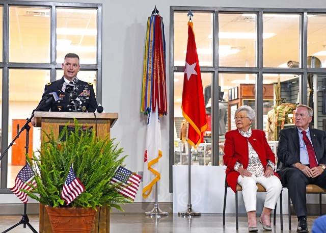 U.S. Army Aviation and Missile Command Commander Maj. Gen. Todd Royar speaks at the grand reopening of the Alabama Veterans Museum & Archives July 1 in Athens, Ala. Alabama Gov. Kay Ivey, as well as other state and local officials, also attended the ceremony.