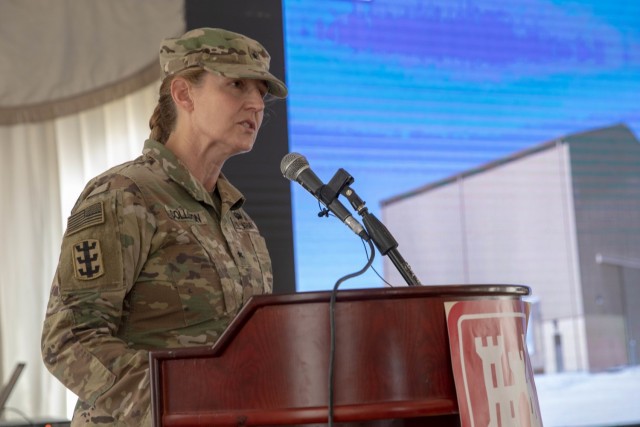 U.S. Army Brig. Gen. Kimberly M. Colloton, commanding general and division engineer of the U.S. Army Corps of Engineers, Transatlantic Division, delivers a speech during the ribbon cutting ceremony at Patriot Fire Site, Site #7, Kuwait, July 5,...