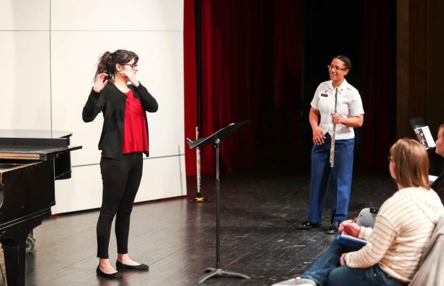 Spc. Allison Wollam took her skills on the road teaching a master’s level class in flute to area college students. The tour also provided her a way to inform young musicians about career opportunities in Army music.