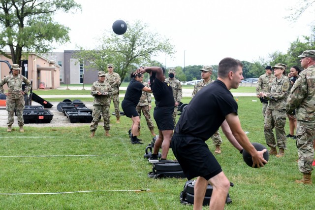 Army Reserve Soldiers assigned to the 85th U.S. Army Reserve Support Command, headquartered in Arlington Heights, Illinois, participate in the Standing Power Throw event of the Army Combat Fitness Test. The 85th USARSC conducted a diagnostic ACFT July 10-11, 2021. The U.S. Army expects to fully implement the ACFT in 2022, replacing the 40-year old Army Physical Fitness Test.   
(U.S. Army Reserve photo by SSG Erika F. Whitaker)