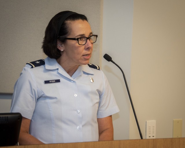 Air Force Brig. Gen. Jeannine M. Ryder, 59th Medical Wing commander and San Antonio Market director, speaks at the market establishment ceremony at Brooke Army Medical Center, Fort Sam Houston, Texas, July 16, 2021. The San Antonio Market consists...