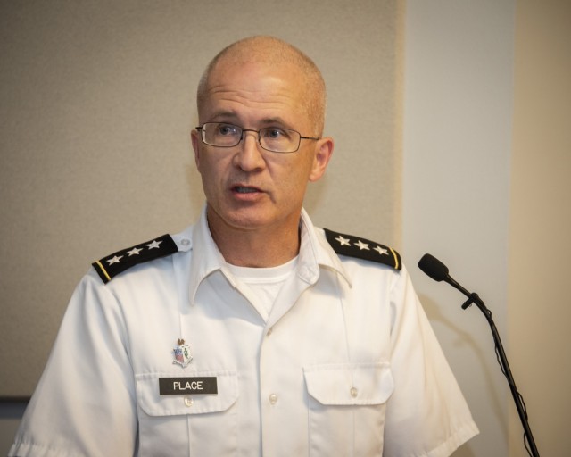 Army Lt. Gen. Ronald J. Place, Director, Defense Health Agency, speaks at the San Antonio Market establishment ceremony at Brooke Army Medical Center, Fort Sam Houston, Texas, July 16, 2021. Establishing markets allows military medical treatment...