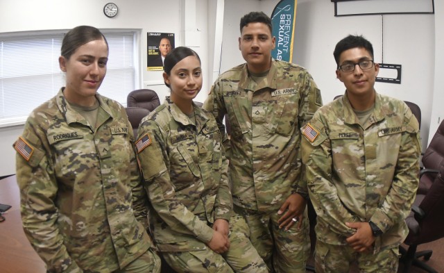 Privates Fernandez Rodrigues, Clarice Rivera, Jose Rodriguez and David Perez – all members of Alpha Company, 16th Ordnance Battalion – were the first to complete training at the SHARP Challenge and Education Center during its soft opening July 9. The CEC’s program of instruction is comparable to puzzle-solving video games and escape room live-action attractions. Participants work their way through scenario- and clue-based challenges to achieve the objective of identifying and preventing sexual crimes. (U.S. Army photo by T. Anthony Bell)