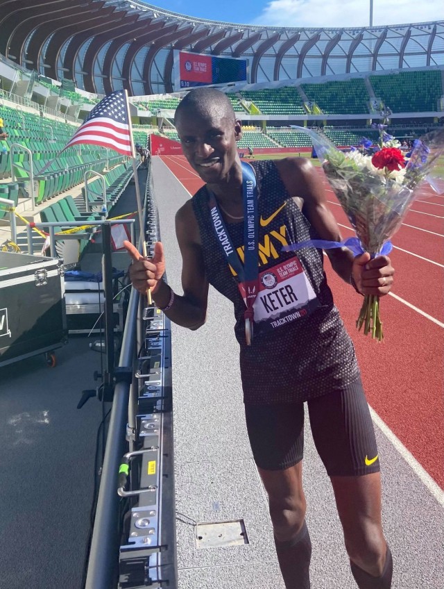 Spc. Benard Keter, a Soldier-athlete in the World Class Athlete Program, crossed the finish line of the men’s 3,000-meter steeplechase with a time of 8:21.81 at the U.S. Track and Field Olympic Trials June 25, 2021, earning his spot to compete...