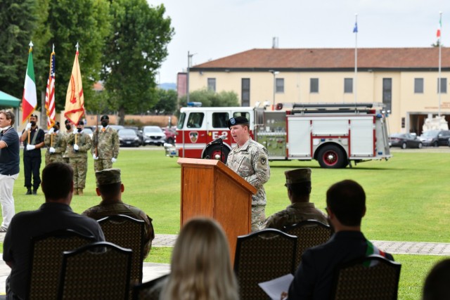 U.S. Army Col. Daniel J. Vogel, outgoing commander of U.S. Army Garrison Italy, gives a speech during change of command ceremony under Covid-19 prevention condition at Caserma Ederle, Vicenza, Italy July 16, 2021. (U.S. Army Photos by Paolo Bovo)