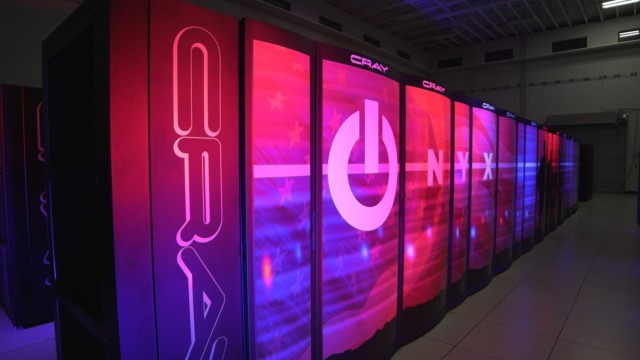 The Onyx Super Computer at the Engineering Research and Development Center, one of five DOD Supercomputer Resource Centers, consists of 212,000 processors and can perform 1.7 quadrillion (1,700,000,000,000,000) calculations per second. (Photo...
