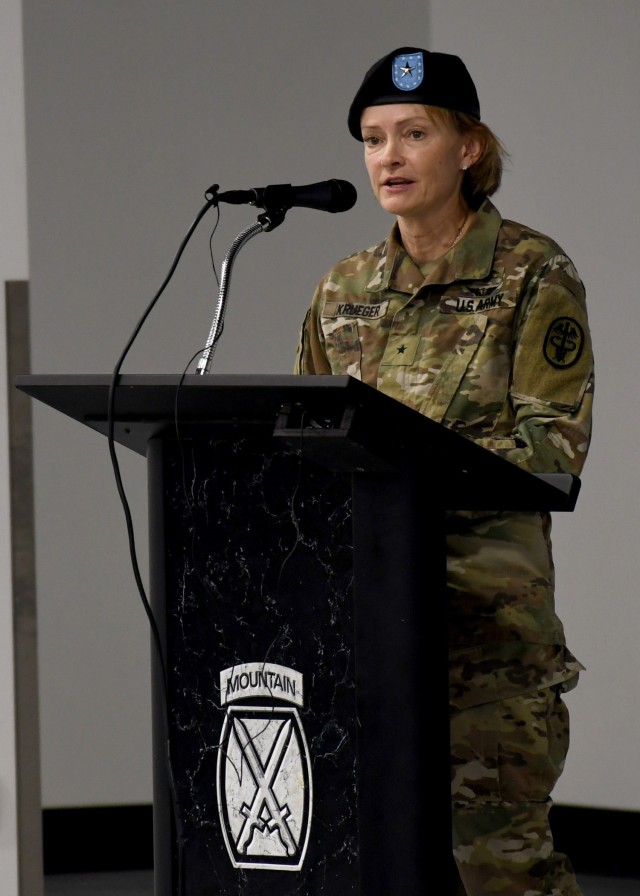 FORT DRUM, N.Y. – Brig. Gen. Mary V. Krueger, the commanding general of Regional Health Command – Atlantic, speaks to the audience during the U.S. Army Medical Department Activity (MEDDAC), Fort Drum, New York change of command ceremony, July 16, 2021.  During the ceremony, Col. Matthew Mapes assumed command of the MEDDAC from Col. Robert Heath.