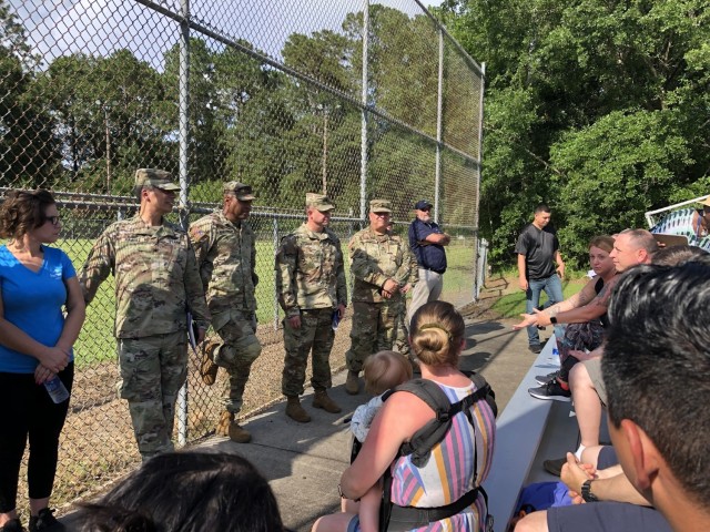 Members of Fort Stewart-Hunter Army Airfield leadership, military housing officials and the Balfour Beatty housing team listen to concerns from North and South Bryan Village housing area residents during a face-to-face town hall, July 16 on Fort...