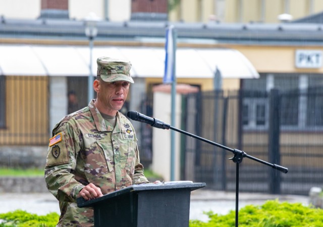 Commander of the 16th Sustainment Brigade Col. Angel Estrada, speaks briefly at the transfer of authority ceremony between the 53rd Movement Control Battalion and the 49th Transportation Battalion held in Żagań, Poland, July 14, 2021. “They...