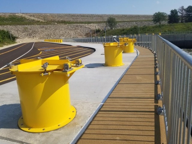 From Manhattan, Kan., a view of the Tuttle Creek stilling basin from the top of the dam showing the new anchors. July 19, 2021. Rehabilitation of the stilling basin will soon be complete.