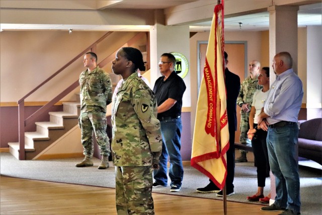 Garrison leaders and installation community members are in attendance as Command Sgt. Maj. Raquel DiDomenico becomes the new Fort McCoy Garrison command sergeant major July 1, 2021, during a change of responsibility ceremony at Fort McCoy, Wis. DiDomenico replaced Command Sgt. Maj. Paul Mantha as the garrison command sergeant major during the ceremony. She has previously served at Fort McCoy at the Fort McCoy Noncommissioned Officer Academy. A command sergeant major (CSM) is the most senior enlisted member of a color-bearing Army unit. The CSM is appointed to serve as a spokesman to address the issues of all Soldiers, from enlisted to officers, from warrant officers and lieutenants to the Army’s highest positions. As such, they are the senior enlisted advisor to the commander. The exact duties vary depending on the unit commander, including observing training and talking with Soldiers and their families. (Photo by Scott T. Sturkol, Public Affairs Office, Fort McCoy, Wis.)