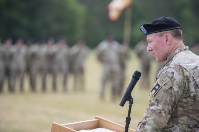Col. Ronald “R.J.” Hughes, 181st Multi-Functional Training Brigade commander, provides remarks after taking command June 24, 2021, at Fort McCoy, Wis. (Photo by Staff Sgt. Ryan Rayno, 181st Multi-Functional Training Brigade Public Affairs)