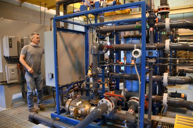 The teams at U.S. Army Yuma Proving Ground&#39;s water treatments plants are responsible for monitoring the filtration system and taking water samples to check levels. Project Manager James Pacheco shows how he monitors the filtration system at the main treatment plant.