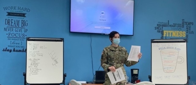 Maj. Ashley Welsh facilitates a Values & Core Beliefs group during the RRC. U.S. Army photo by Spc. Diana Nieves.